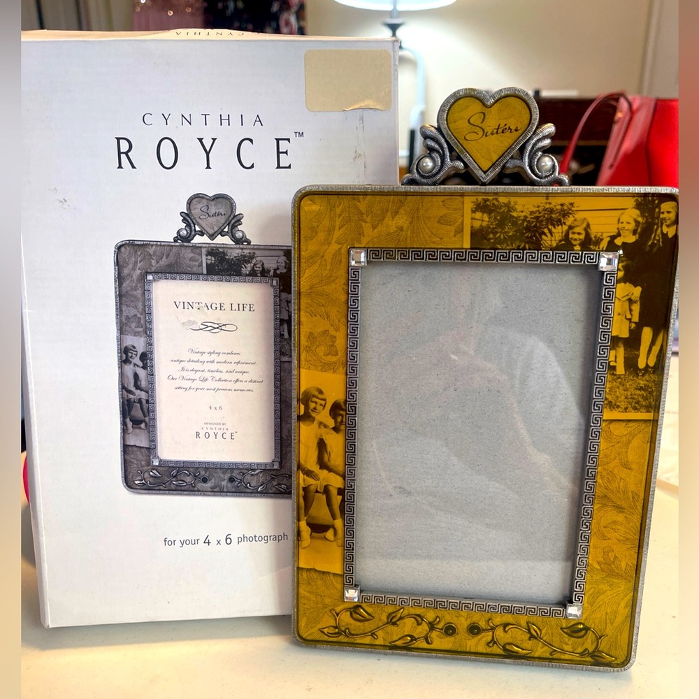 NWOT in Box 4x6 Frame Sisters Vintage Style Metal w Pearl & Rhinestone Accented